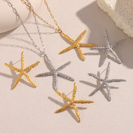 Fashionable Starfish-Shaped Stainless Steel Necklace and Earrings Set with 18K Gold Plating and Hammered Texture for Women