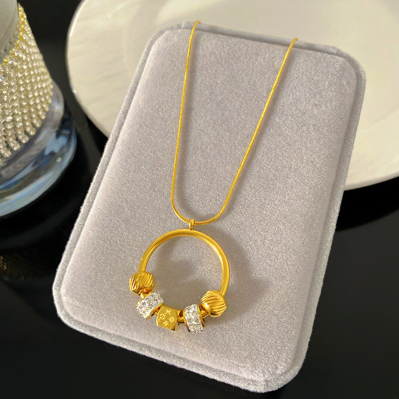Minimalist Geometric Round Square Floral Pattern Cubic Zirconia Inlay Titanium Steel Snake Chain Necklace
