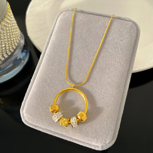 Minimalist Geometric Round Square Floral Pattern Cubic Zirconia Inlay Titanium Steel Snake Chain Necklace