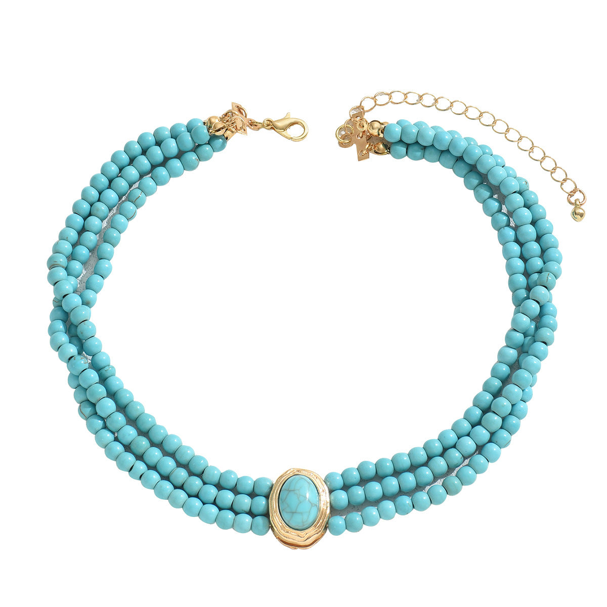 Collana Minimalista Francese Vintage Geometrica con Perline e Dettagli Turchesi, Ciondolo in Lega su Catena di Perle, Collana Lunga a Strati per Clavicola da Donna