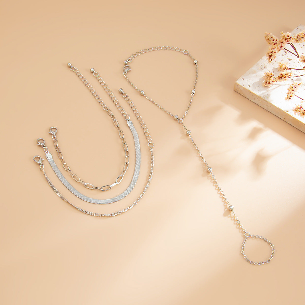 Minimalist Cold-Tone Geometric Metal Snake Chain Bracelet for Women with Micro-Pave Detailing and Layered Styling