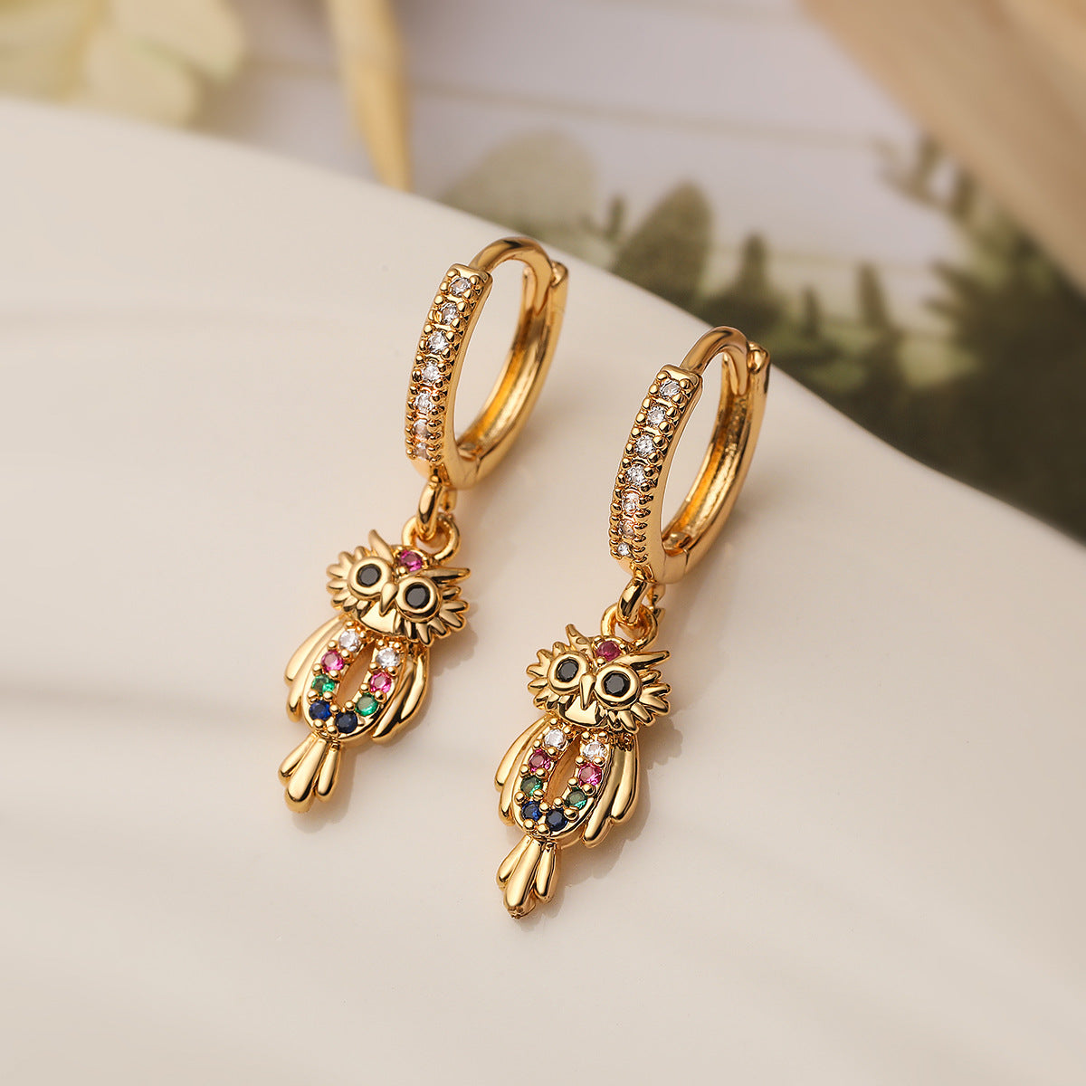 Minimalist Owl-Shaped Copper Earrings with Gold Plating and Zircon Inlay for Women