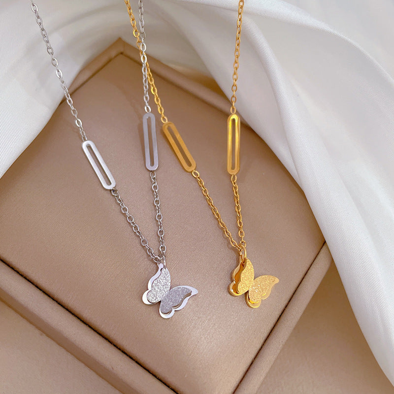 Minimalist Butterfly Pendant Necklace in Titanium Steel with Gold Plating for Women and Men
