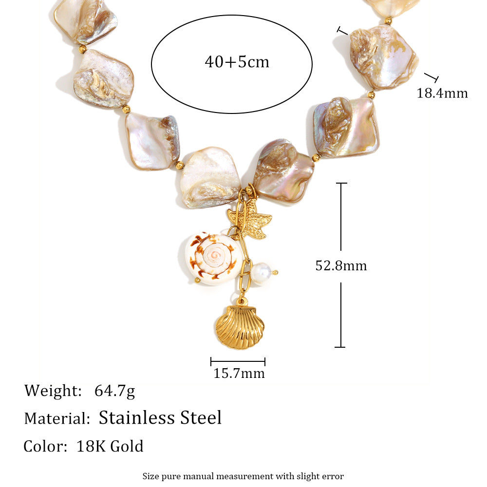 Set collana e bracciale pendente conchiglia barocca in acciaio inossidabile placcato oro 18K da donna con motivi di stelle marine e vita marina