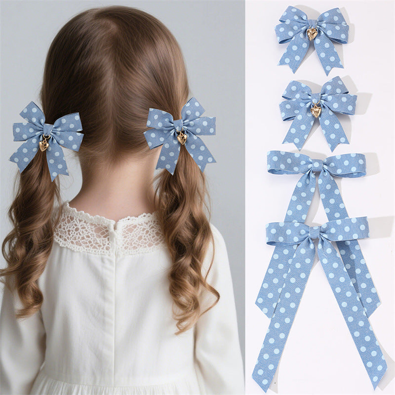 Ribbon Bow Hair Clip for Girls with Polka Dot Pattern and Ruffled Mesh Detail, Plastic Resin Duckbill Hairpin for Ponytail, Natural Style Children's Hair Accessory