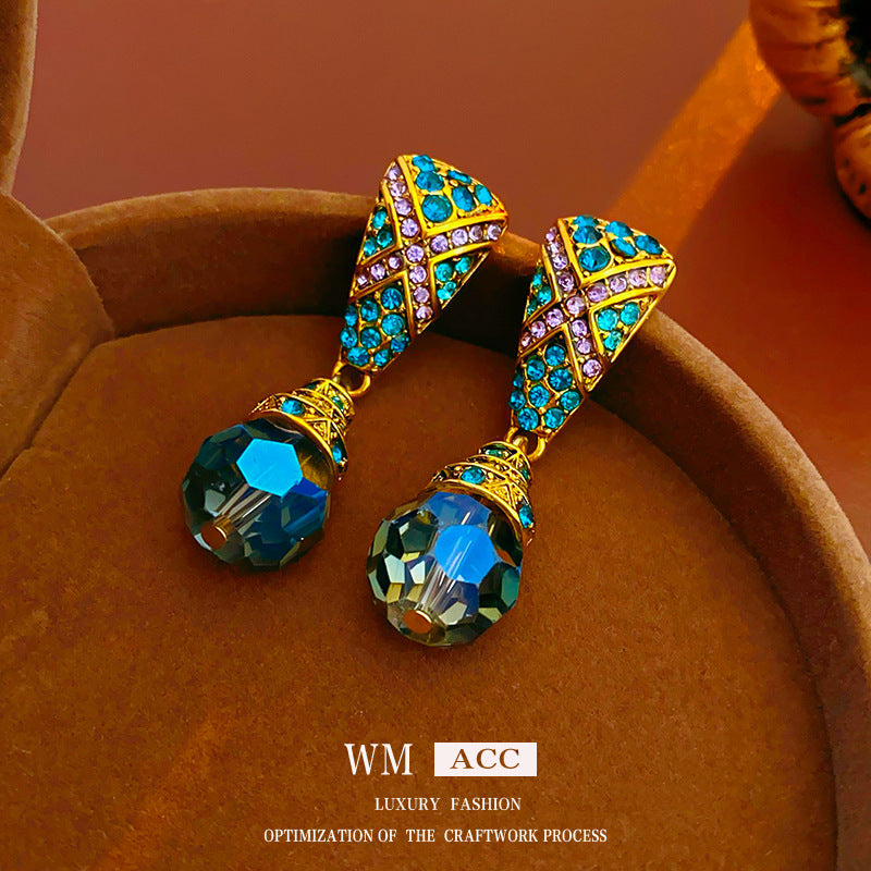 Vintage Geometric Blue Teardrop Earrings with Rhinestone Inlay in Alloy Base and Silver-Plated Steel Posts for Women
