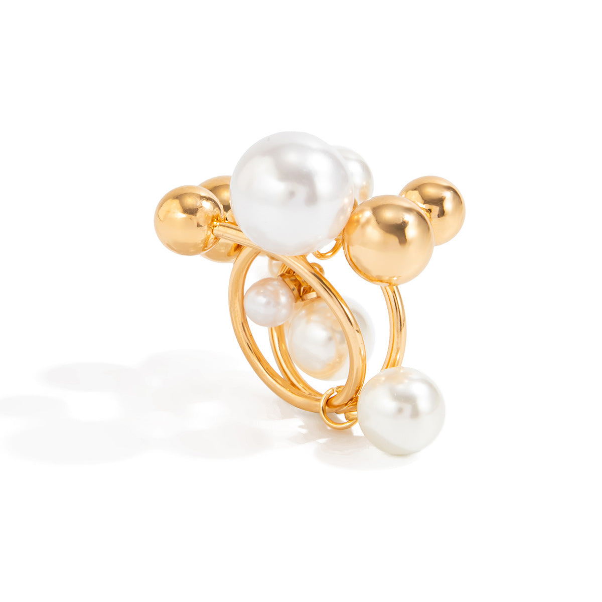 Luxury Elegant Geometric Round Imitation Pearl Plated Alloy Ring for Women