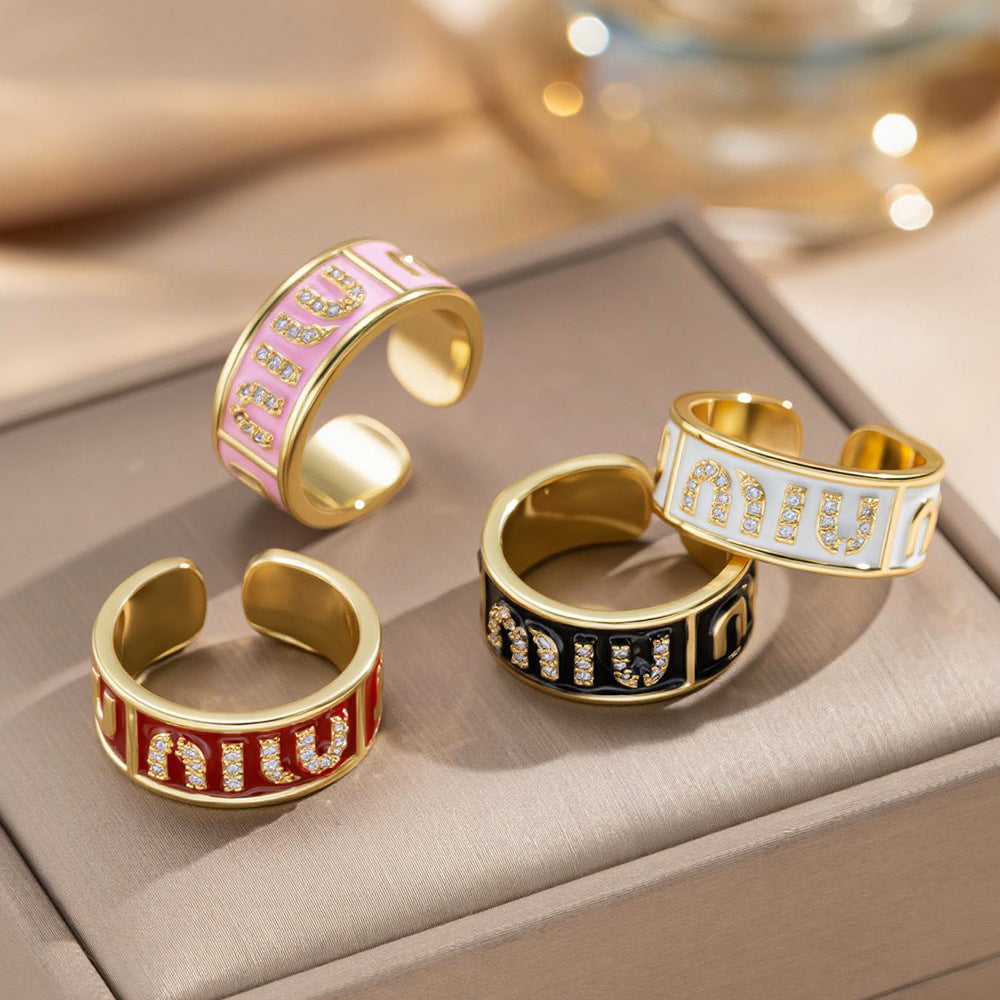 Fashion Luxury Geometric Irregular Enamel Zircon 18K Gold Plated PVD Copper Open Ring for Unisex