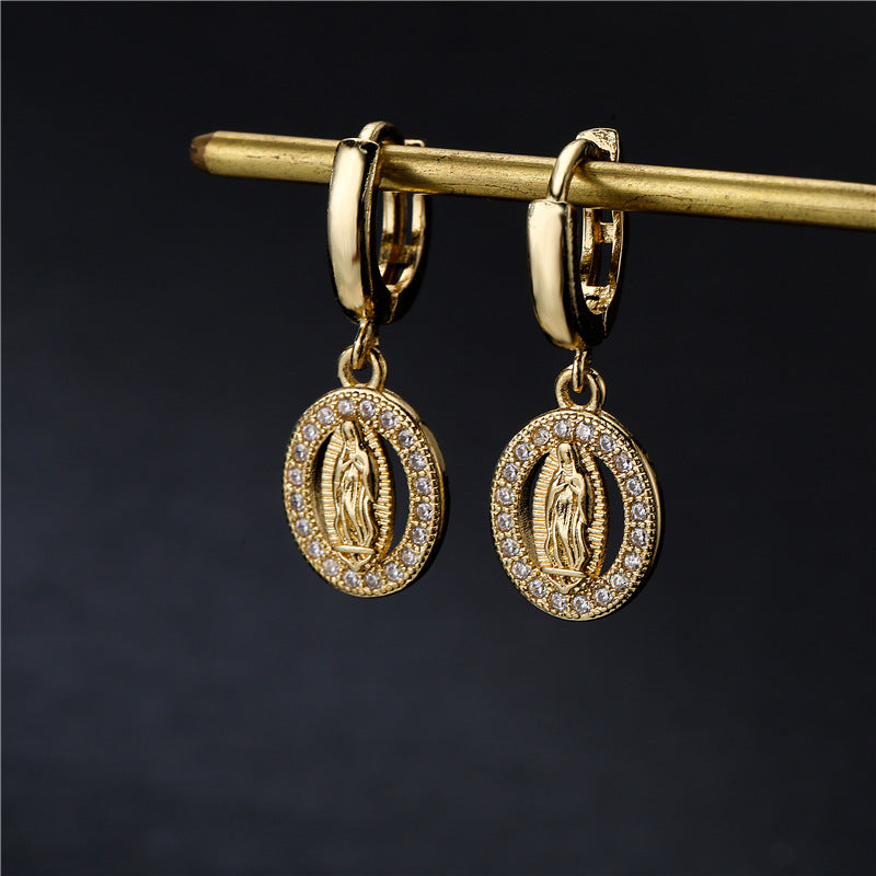 Orecchini con Madonna Geometrica per Donna in Rame con Intarsio di Zirconi
