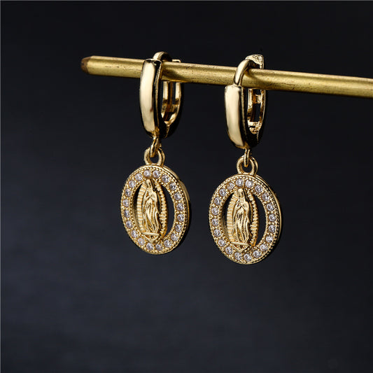 Geometric Virgin Mary Earrings for Women in Copper with Zircon Inlay