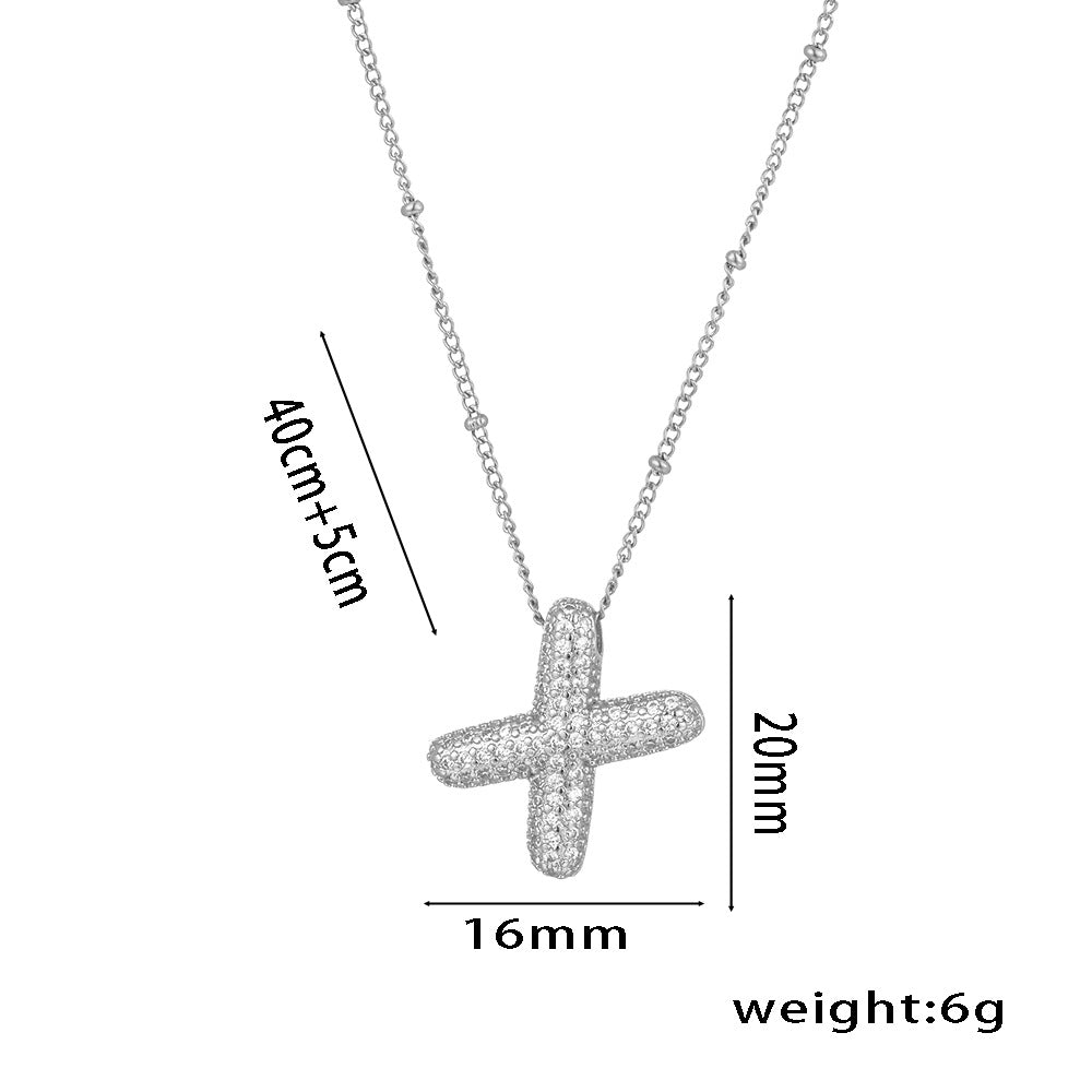 Minimalist Geometric Letter Pendant Necklace in Titanium Steel with Rhinestone Inlay and White Gold Plating on Snake Chain for Women