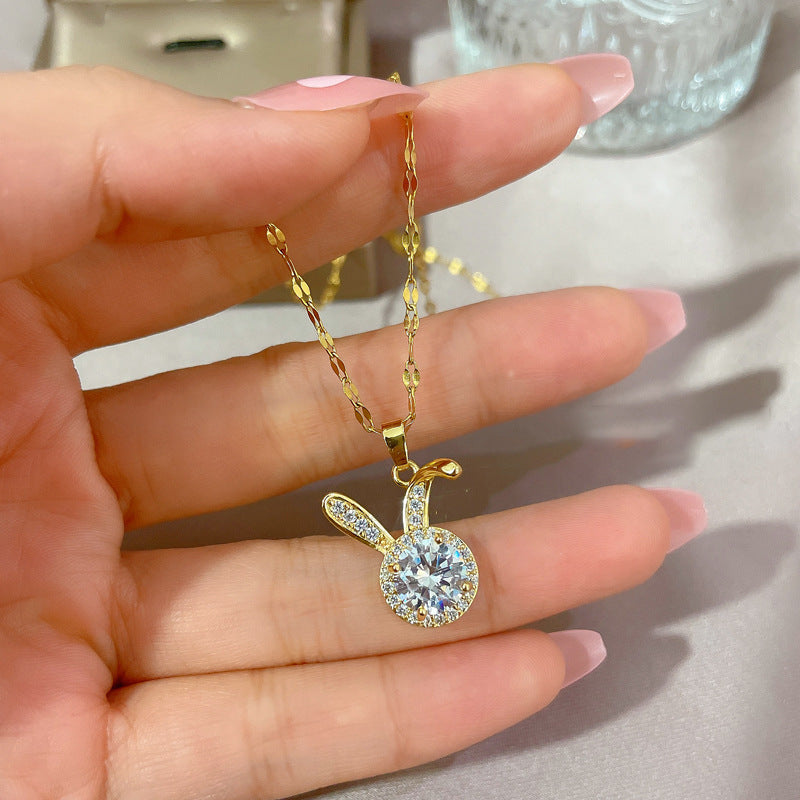 Cute Rabbit Pendant Necklace for Women Made of Titanium Steel with Rhinestone Inlay and Plated Finish, Minimalist Clavicle Chain