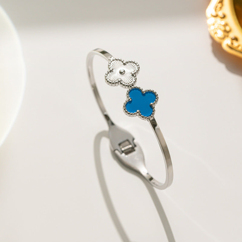 Minimalist Four-Leaf Clover Titanium Steel Bracelet for Women with Polished Finish and Adjustable Opening Design