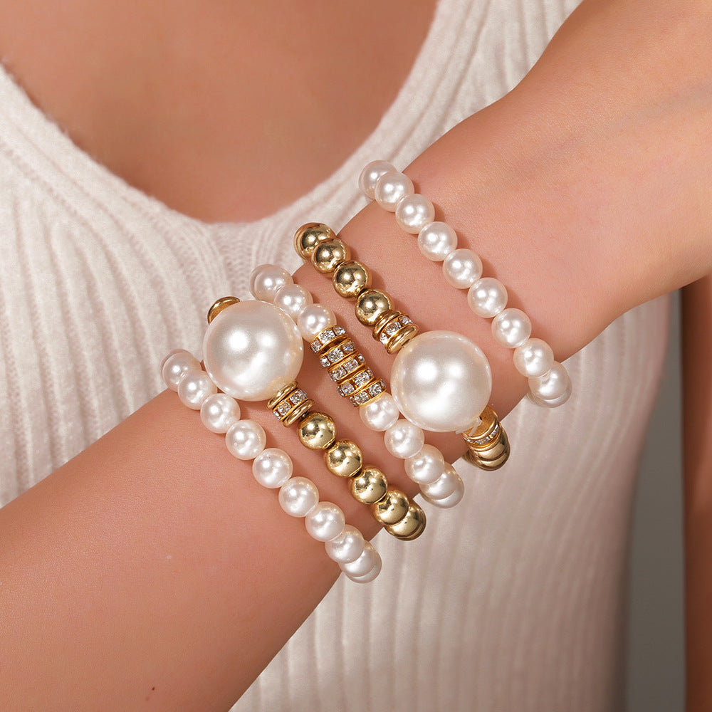 Hip-hop Geometric Round Pearl Rhinestone Bracelet for Women