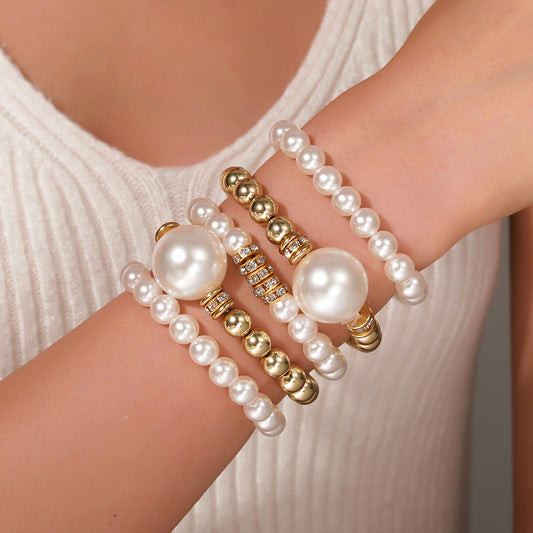 Hip-hop Geometric Round Pearl Rhinestone Bracelet for Women