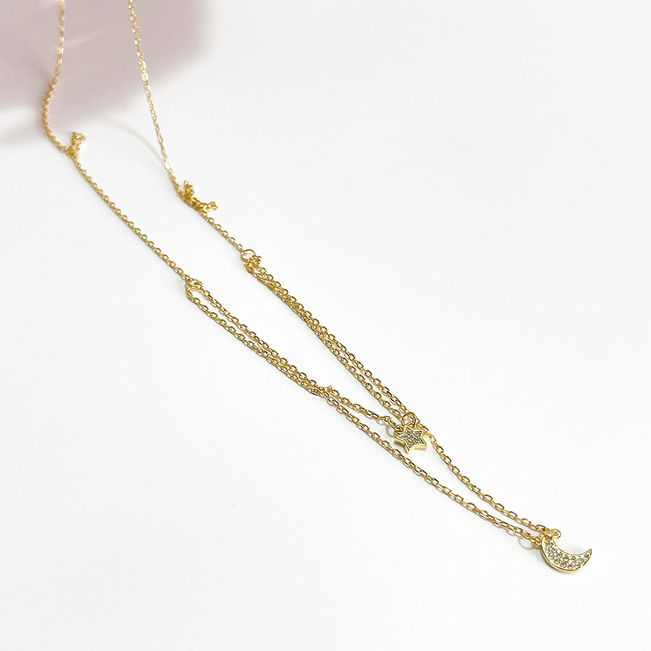Collana da donna minimalista in argento sterling 925 placcato oro con ciondolo a stella e luna e catena a sfere