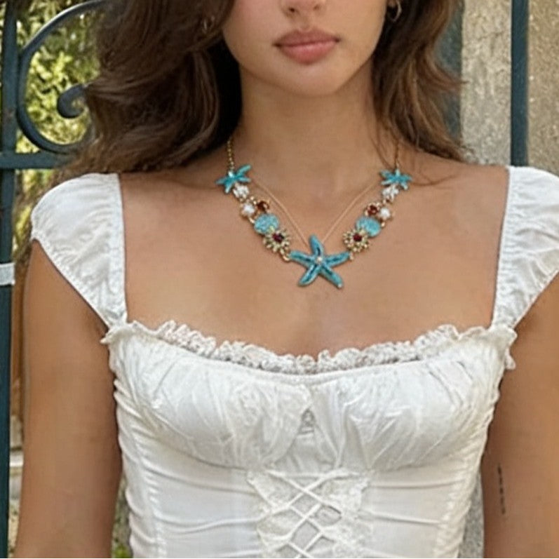 Casual Colorful Tassel Starfish Pearl Geometric Alloy Plated Necklace for Women