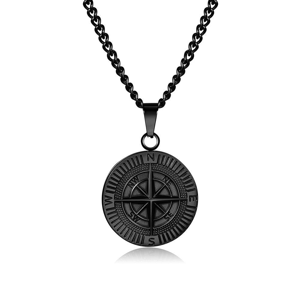 Punk Hip-hop Round Geometric Compass Coin Pendant Titanium Steel Necklace Cuban Link Chain for Men