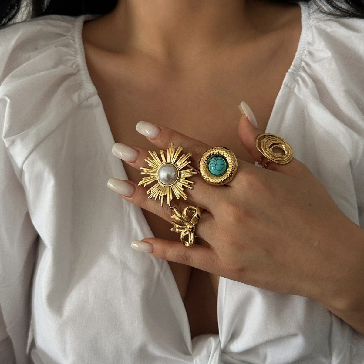 Vintage Luxury Irregular Geometric Plated Stainless Steel Ring with Pearl for Women