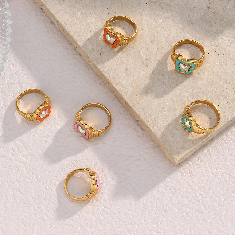 Elegant Butterfly-Shaped Stainless Steel Ring with Rhinestone Accents and Enamel Finish for Women