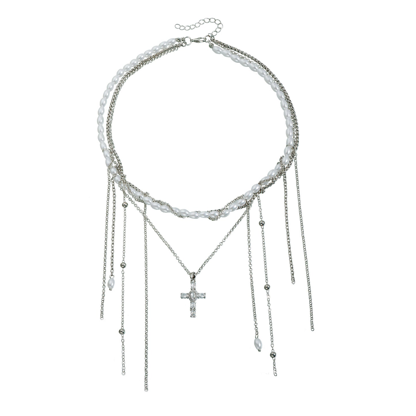 Elegant Geometric Cross Alloy Plated Pendant Necklace with Tassel and Baroque Pearl for Women