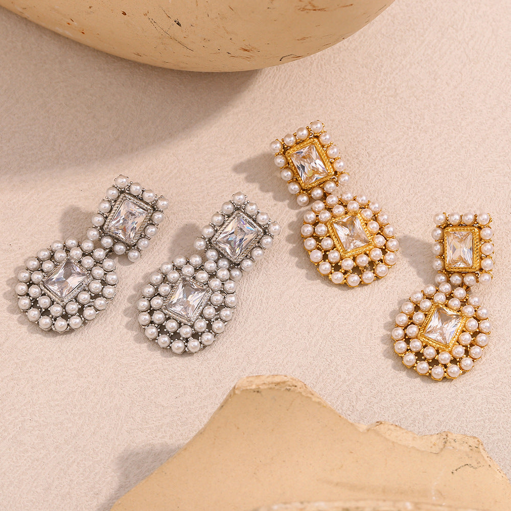 Fashionable Geometric Stainless Steel Earrings with 18K Gold Plating, Zircon and Pearl Accents for Women