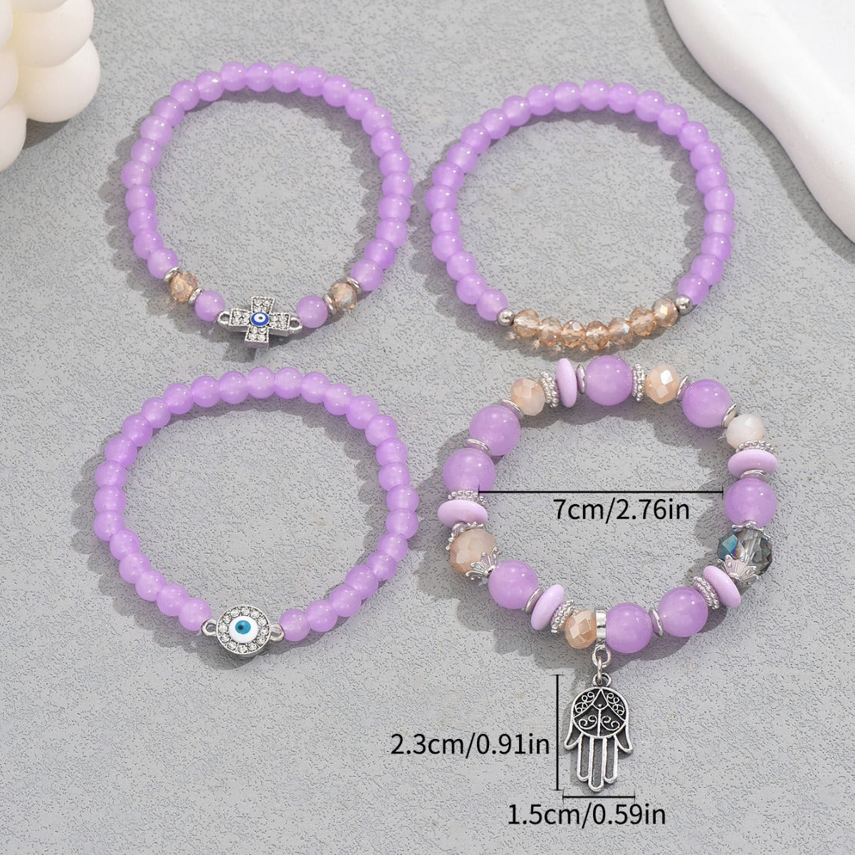 Fashionable Office Lady Style Geometric Cross Evil Eye Hand Chain Set with Glass Beads in Zinc Alloy