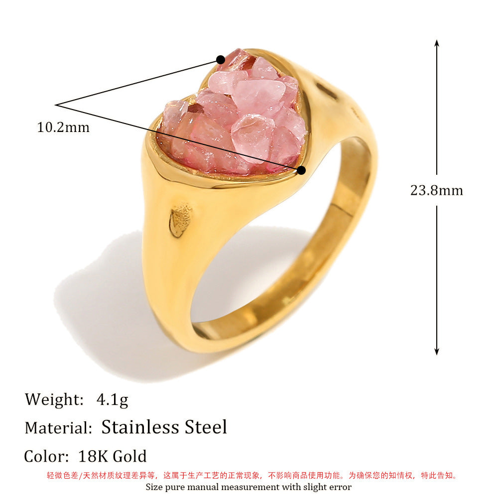 Anello da donna a forma di cuore in acciaio inossidabile ispirato al vintage con placcatura in oro 18 carati e strass in giada bianca