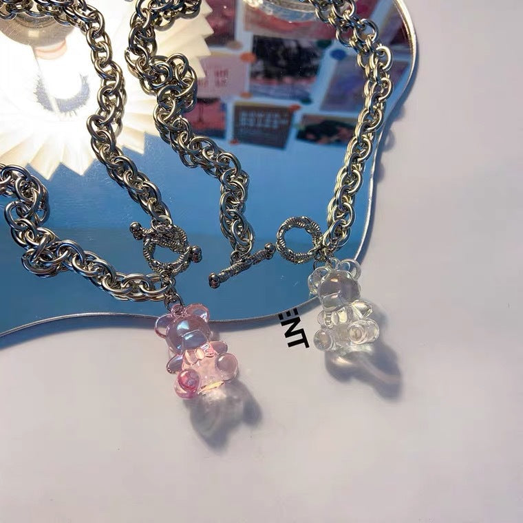 Originale Simpatico Orsetto Acciaio Inossidabile Placcato Collana Girocollo con Ciondolo Orsetto in Cristallo Trasparente Iridiscente