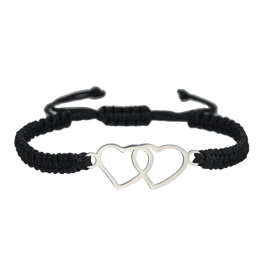 Handmade Stainless Steel Double Heart Bracelet Unisex Adjustable Red Cord Friendship Jewelry