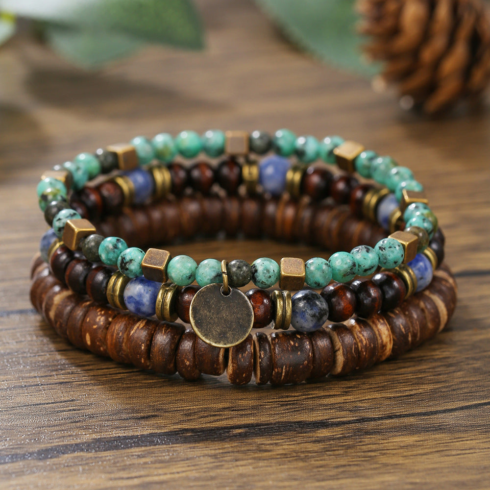 Vintage Round Wood Bead Bracelet Set with Turquoise Inlay for Unisex