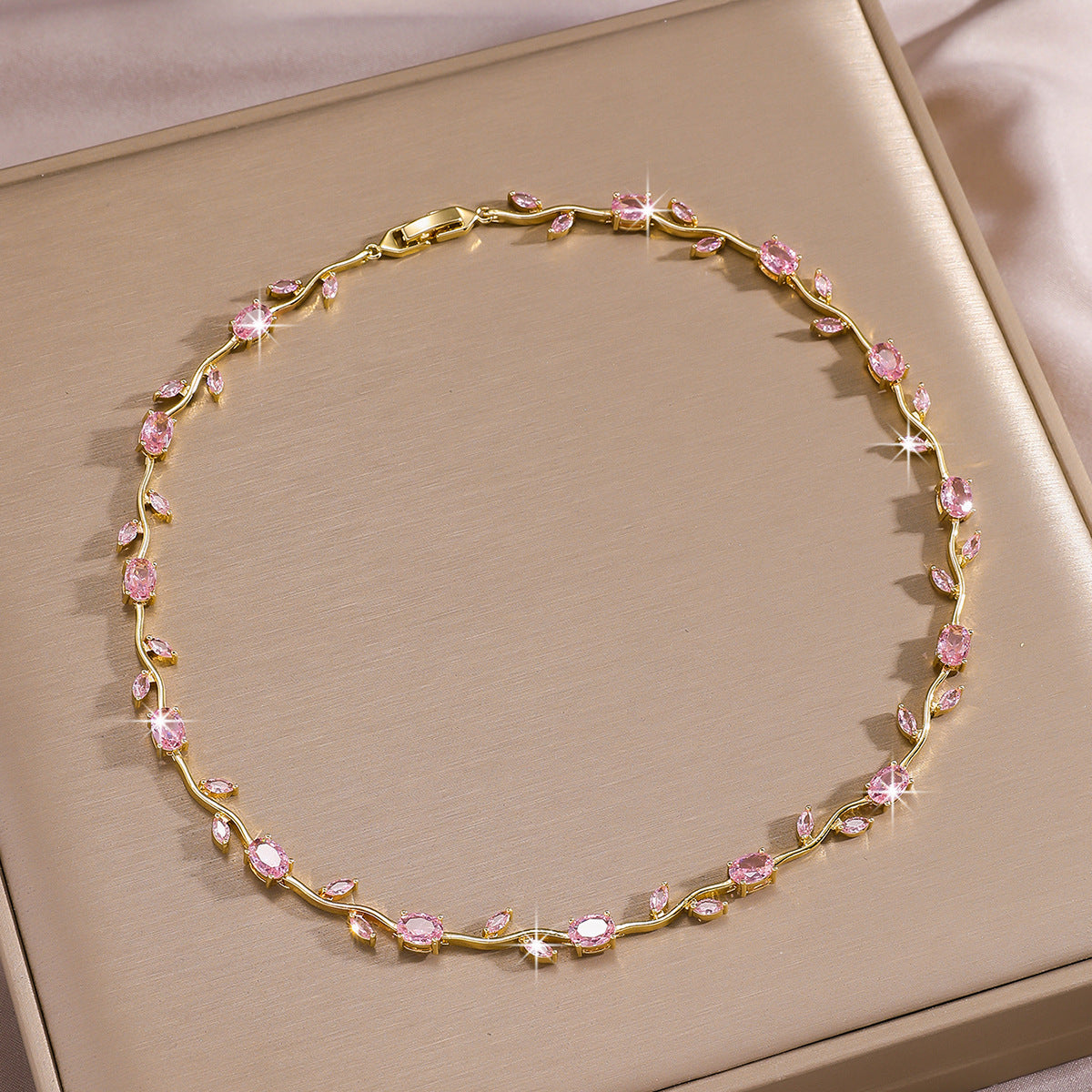 Luxury Gold Plated Brass Leaf Bracelet with Cubic Zirconia Inlay Unisex Floral Design