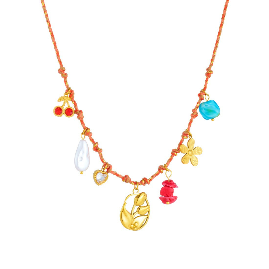 Bohemian Sweet Gold Plated Stainless Steel Floral Plant Knot Rope Necklace for Women