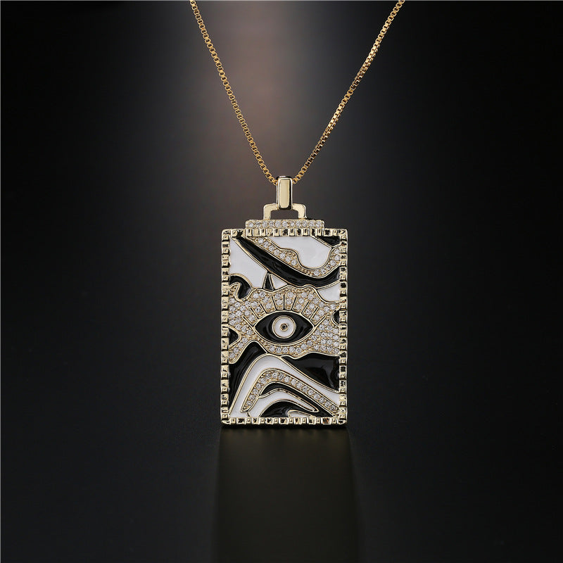 Geometric Square Brass Pendant Necklace with Micro-Inlaid Cubic Zirconia and Drip Oil Evil Eye Design on Box Chain