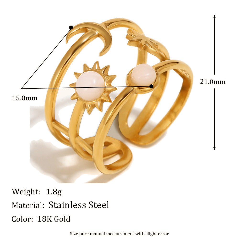 Elegant Moon and Sun Open Ring in Stainless Steel with 18K Gold Plating Geometric Design for Women