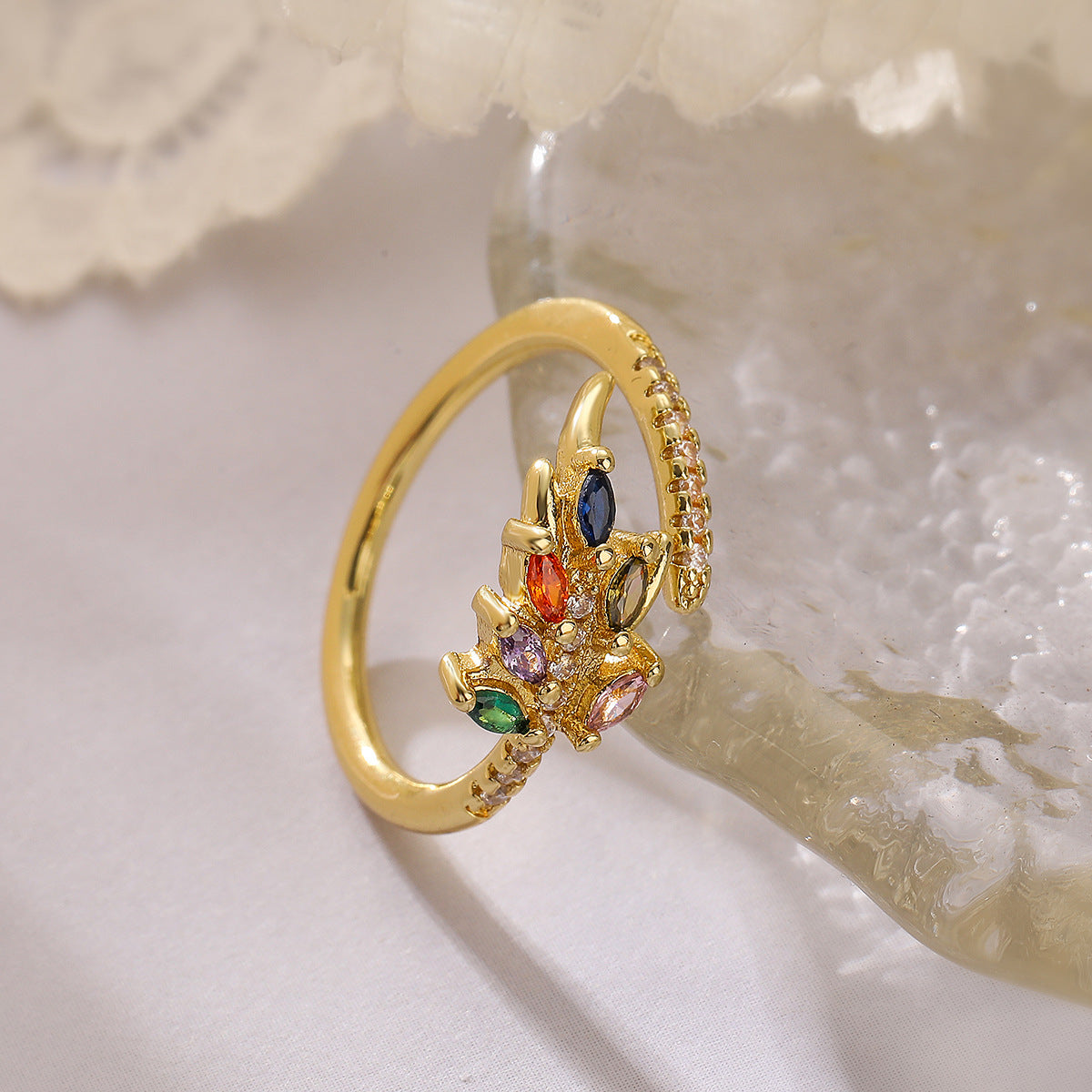 Minimalist Geometric Open Ring for Women in Brass with Real Gold Plating and Zircon Inlay