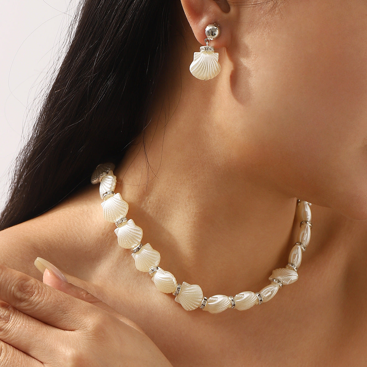 Elegante conjunto de joyas de perlas de estilo vintage francés con motivo de concha en aleación y resina con acabado chapado para mujer