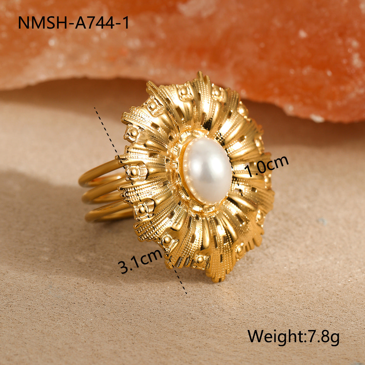 Anillo minimalista de acero de titanio con forma de lazo, incrustaciones de perlas simuladas y chapado en oro de 18 quilates para mujer