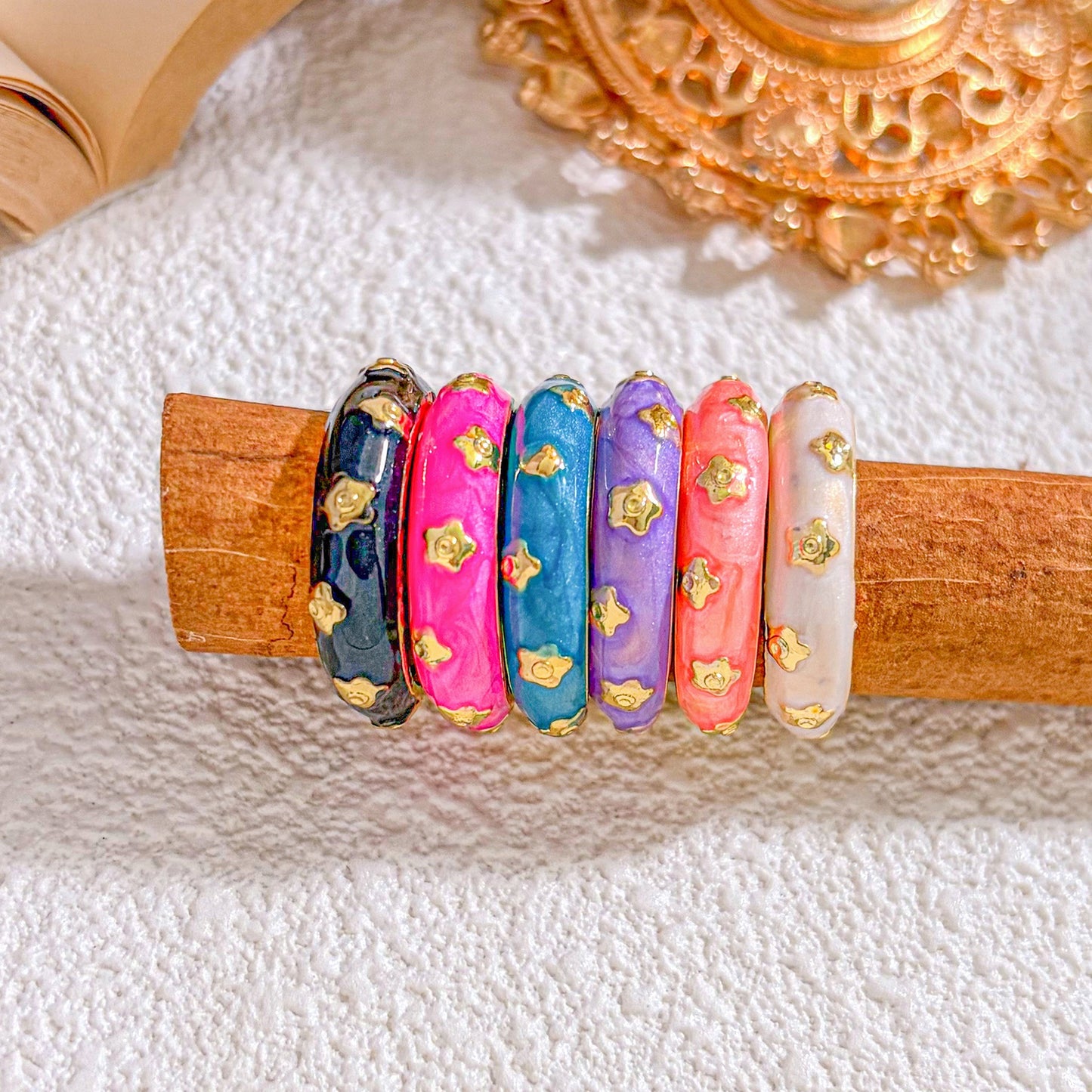Vintage Sweet Gold Plated Brass Enamel Heart Adjustable Ring for Women