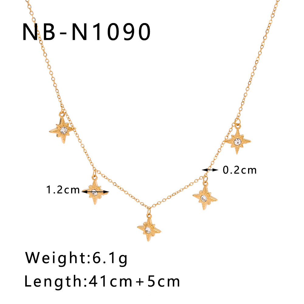 Elegant Geometric Eight-Pointed Star Rhinestone Pendant Necklace in Stainless Steel with 18K Gold Plating for Women