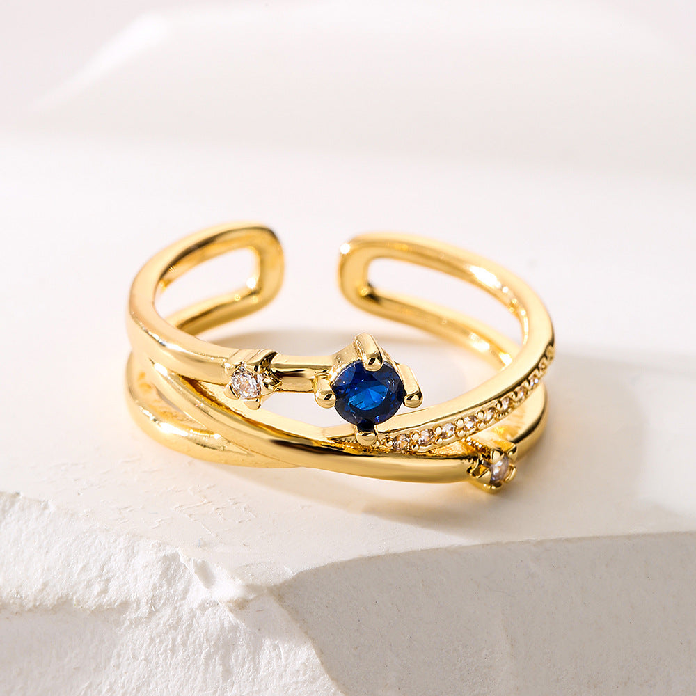 Irregular Geometric Open Ring for Women Made of Brass with Real Gold Plating and Micro-Paved Zirconia