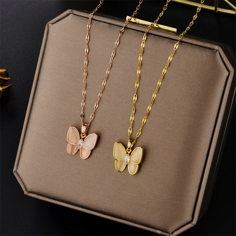Minimalist Butterfly Pendant Necklace for Women in Titanium Steel with Mother-of-Pearl Inlay and Wavy Chain