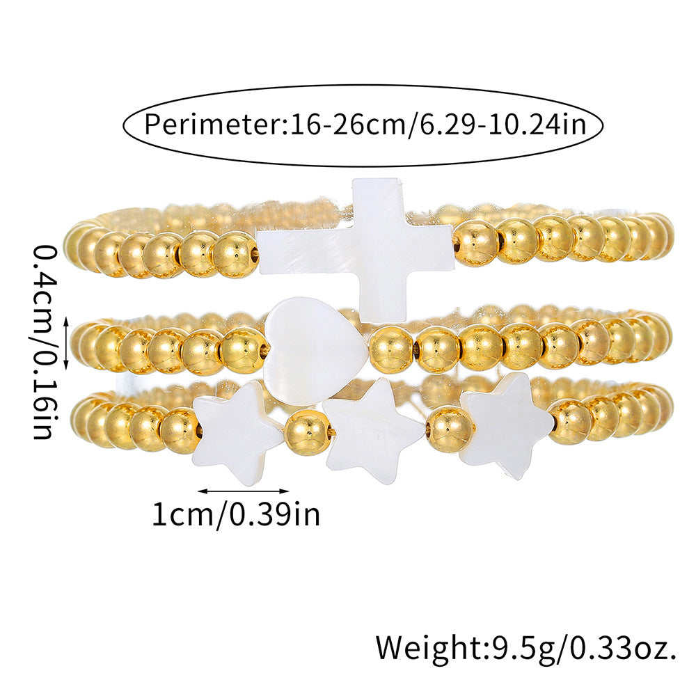 Geometric Shell and Copper Bead Adjustable Braided Friendship Bracelet for Women with Heart Star Cross Motifs