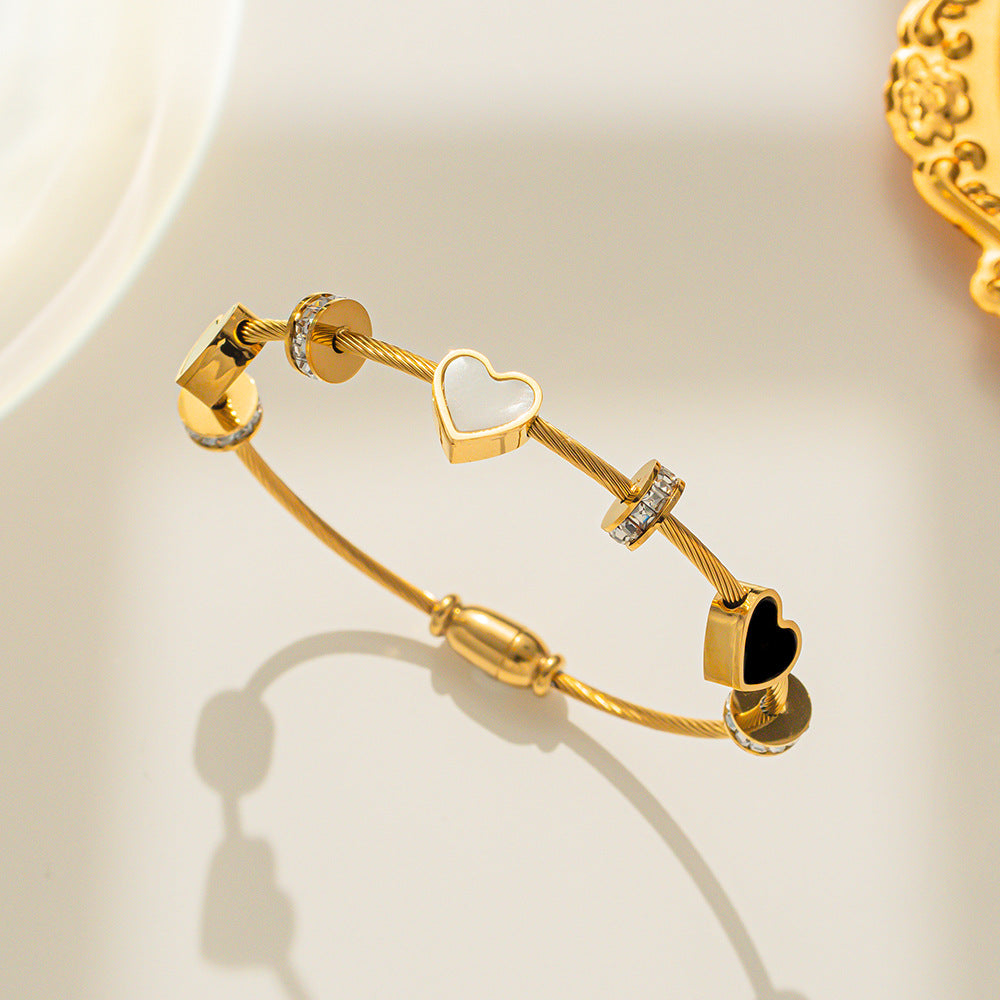 Minimalist Double Heart Titanium Steel Bracelet for Women with Micro-Paved Zirconia and Gold Plating