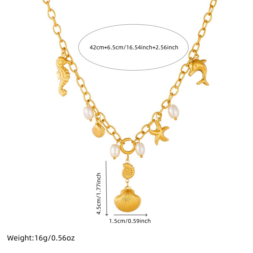 Chic Gold Plated Stainless Steel Starfish and Seahorse Necklace for Women