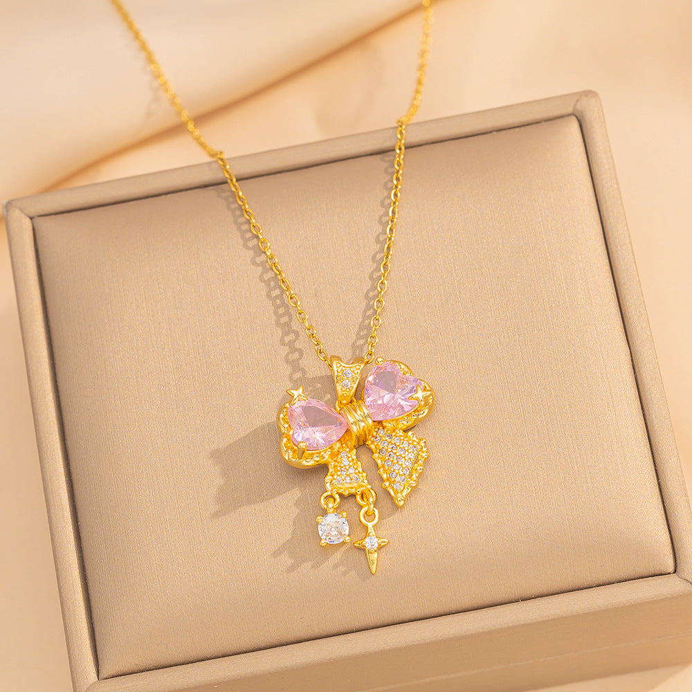 Luxury Bow-Shaped Zirconia Pendant Necklace for Women in Titanium Steel with Vacuum Plating and O-Chain