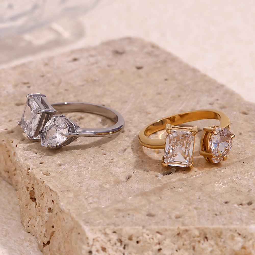 Creative Geometric Stainless Steel Ring with 18K Gold Plating and Square Zirconia Accent for Women