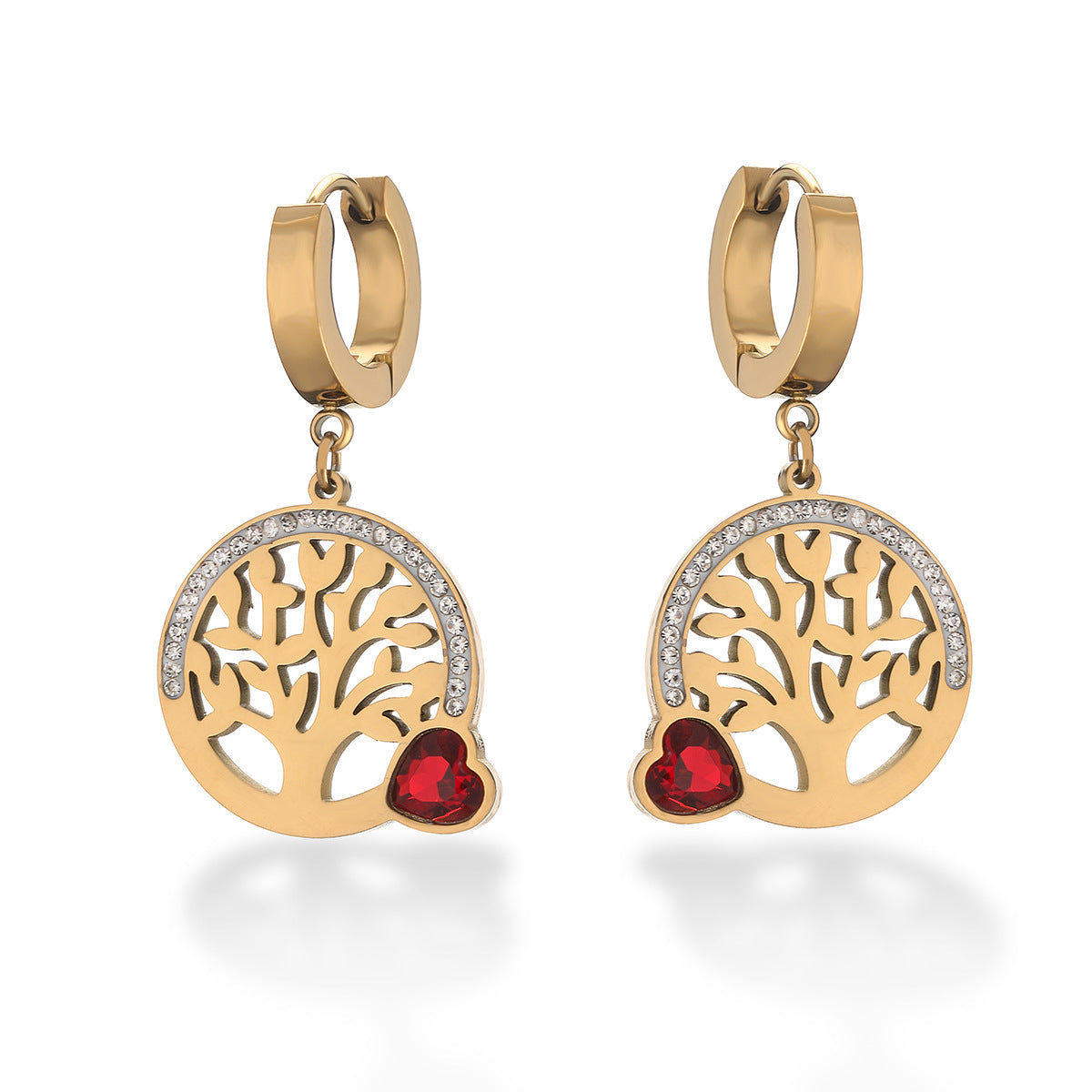 Orecchini minimalisti geometrici in acciaio al titanio placcati oro 18 carati con albero della vita in zircone per donna
