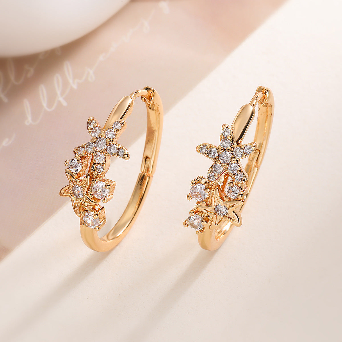 Minimalist Starfish-Shaped Copper Earrings with 18K Gold Plating and Micro-Paved Zirconia for Women