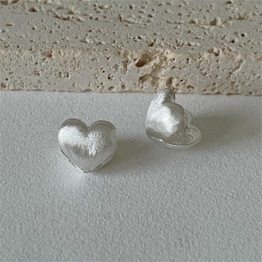 Minimalist Sweet 925 Sterling Silver Brushed Heart Earrings Geometric Design Gold Plated Option